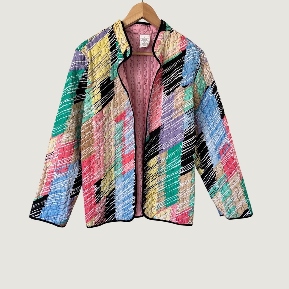 Alfred Dunner Womens Quilted Jacket Abstract Brushstroke Multi Color Size 16